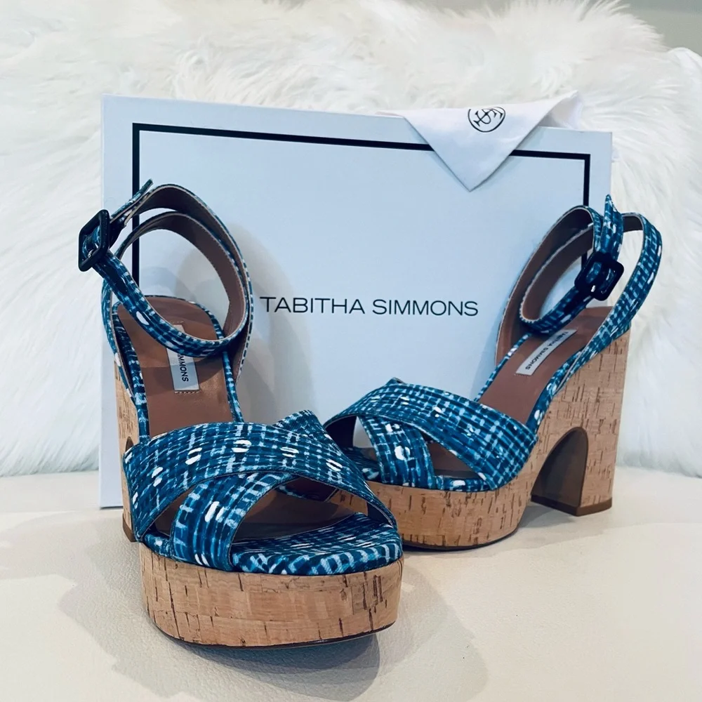 TABITHA SIMMONS gingham Elena blue NWT check cork platform volley 37 and 38.5